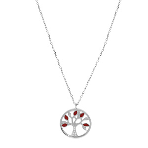 Collier en argent rhodi� cha�ne avec pendentif arbre de vie couleur rouge et oxydes blancs 40+5cm - Vue 2