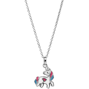 Collier en argent rhodi� avec pendentif licorne blanc, rose et bleu longueur 16+2cm - Vue 2