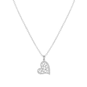 Collier en argent rhodi� cha�ne avec pendentif coeur filigrane contour oxydes blancs sertis 40+5cm - Vue 2