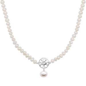 Collier en argent rhodi� en perles d\'eau douce avec pendentif arbre de vie oxydes blancs sertis longueur 43+4cm - Vue 2