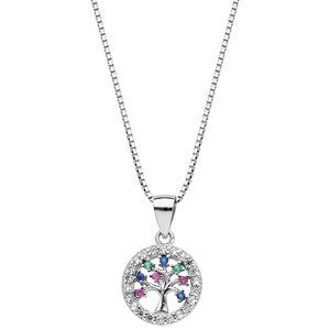 Collier en argent rhodi� cha�ne avec pendentif arbre de vie multi couleurs contours oxydes blancs sertis longueur 42+3cm - Vue 2