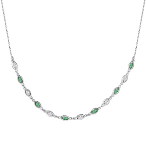 Collier en argent rhodi� maillons orn�s d\'oxydes blancs et verts en forme de navette longueur 38+7cm - Vue 2
