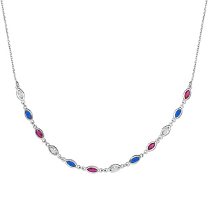Collier en argent rhodi� maillons orn�s d\'oxydes bleus blancs et roses en forme de navette longueur 38+7cm - Vue 2