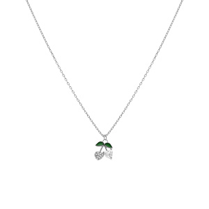 Collier argent rhodi� pendentif cerise oxydes forme coeur blancs et verts r�glable 39 � 43cm - Vue 2