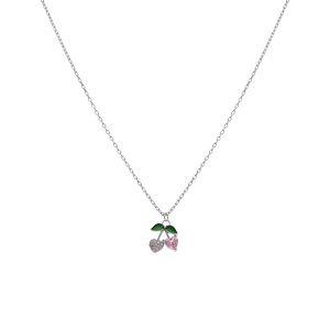 Collier argent rhodi� pendentif cerise oxydes forme coeur roses et verts r�glable 39 � 43cm - Vue 2