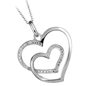 Collier en argent rhodie cha�ne avec pendentif 2 coeurs faits avec 1 seul brin et orn�s d\'oxydes blancs - longueur 42cm - Vue 2