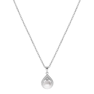 Collier en argent rhodi� cha�ne avec pendentif forme de goutte Perle de culture d\'eau douce blanche 8mm et contour oxydes blancs sertis 42+3cm - Vue 2