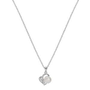 Collier en argent rhodi� cha�ne avec pendentif  drap� Perle de culture d\'eau douce blanche 8mm et oxydes blancs sertis 42+3cm - Vue 2