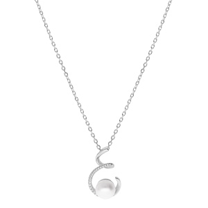 Collier en argent rhodi� cha�ne avec pendentif spirale et Perle de culture d\'eau douce blanche 9mm et oxydes blancs sertis 42+3cm - Vue 2