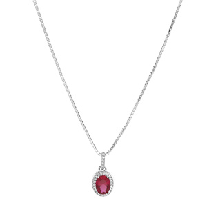 Collier en argent rhodi� pendentif cha�ne avec pendentif pierre rouge suspendue sur barrette et contour oxydes blancs sertis 42+3cm - Vue 2