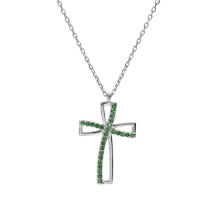Collier en argent rhodi� cha�ne avec pendentif croix et oxydes verts sertis longueur 40+5cm - Vue 2