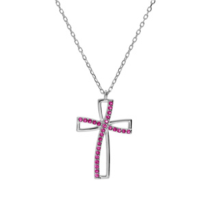 Collier en argent rhodi� cha�ne avec pendentif croix et oxydes roses sertis longueur 40+5cm - Vue 2