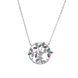 Collier en argent rhodi� cha�ne avec arbre de vie et oxydes multi couleurs 40+4cm - Vue 2