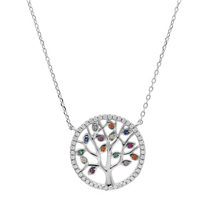 Collier en argent rhodi� cha�ne avec arbre de vie multicouleurs et contour oxydes blancs sertis 39+4cm - Vue 2