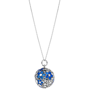 Collier en argent rhodi� bola de grossesse boule ajour�e motif fleur et arbre de vie avec oxydes bleues 20mm longueur 90+10cm - Vue 2