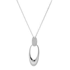 Collier en argent rhodi� massif cha�ne avec pendentif oval et oxydes blancs sertis 40+5cm - Vue 2