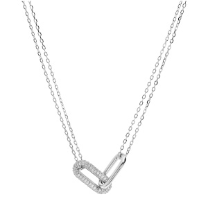 Collier en argent rhodi� avec deux �l�ments forme rectangle dont un pav� d\'oxydes blancs sertis 40+5cm - Vue 2