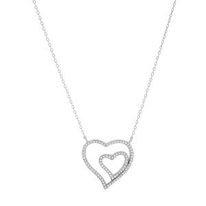 Collier en argent rhodi� cha�ne avec double coeur et oxydes blancs sertis 41+2cm - Vue 2