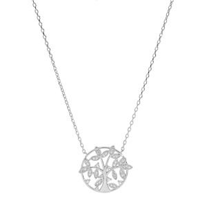 Collier en argent rhodi� cha�ne avec rond motif arbre de vie oxydes blancs sertis 39+2,5cm - Vue 2