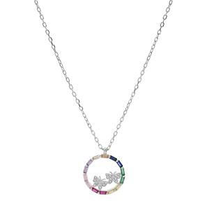 Collier en argent rhodi� cha�ne avec cercle de pierres multicouleurs et papillons oxydes blancs sertis 41+2,5cm - Vue 2