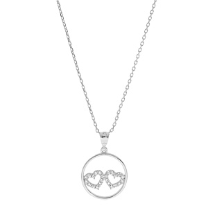Collier en argent rhodi� cha�ne avec pendentif cercle double coeur pav�s d\'oxydes blancs 40+5cm - Vue 2
