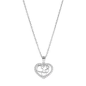Collier en argent rhodi� cha�ne avec pendentif coeur contour oxydes blancs sertis 40+5cm - Vue 2