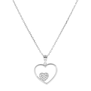 Collier en argent rhodi� cha�ne avec pendentif coeur �vid� avec petit coeur oxydes blancs sertis 40+5cm - Vue 2