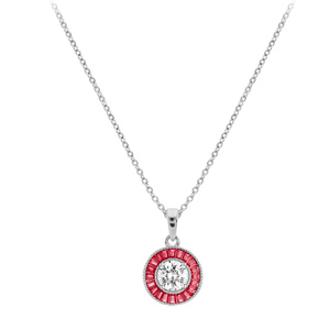 Collier en argent rhodi� cha�ne avec pendentif rond centre oxyde blanc et contour oxydes rectangulaires roses 40+5cm - Vue 2