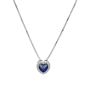 Collier en argent rhodi� avec pendentif coeur oxyde bleu fonc� et contour oxydes blancs sertis 42+3cm - Vue 2