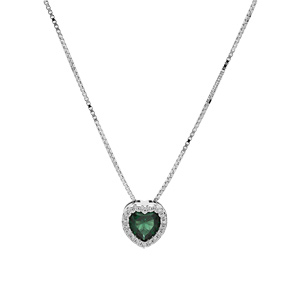 Collier en argent rhodi� avec pendentif coeur oxyde vert et contour oxydes blancs sertis 42+3cm - Vue 2