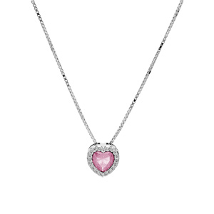 Collier en argent rhodi� avec pendentif coeur oxyde rose et contour oxydes blancs sertis 42+3cm - Vue 2