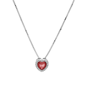 Collier en argent rhodi� avec pendentif coeur oxyde fushia et contour oxydes blancs sertis 42+3cm - Vue 2