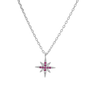 Collier en argent rhodi� cha�ne avec pendentif �toilorn�e d\'oxydes fuschia et blancs sertis 40+4cm - Vue 2