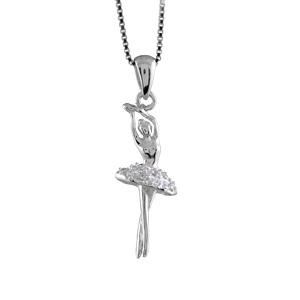 Collier en argent rhodi� cha�ne avec pendentif danseuse ballerine bras lev�s et tutu orn� d\'oxydes blancs - longueur 42cm - Vue 2