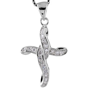 Collier en argent rhodi� cha�ne avec pendentif croix chr�tienne en 2 rubans ouvrag�s - longueur 42cm - Vue 2