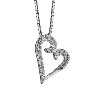 Collier en argent rhodi� cha�ne avec pendentif coeur �vid� orn� d\'oxydes blancs suspendu en biais - longueur 42cm - Vue 2