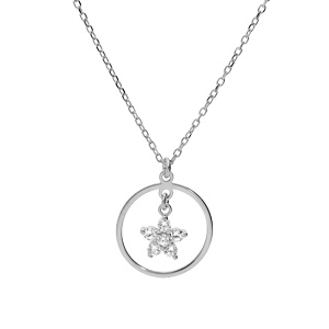 Collier en argent rhodi� cha�ne avec pendentif anneau suspendu et �toile en oxydes blancs 40+5cm - Vue 2