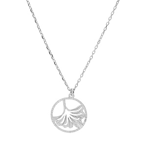 Collier en argent rhodi� cha�ne avec pendentif anneau ajour�e 15mm et motif feuille 40+5cm - Vue 2