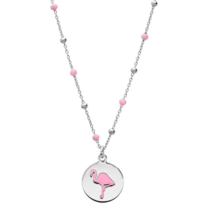 Collier en argent rhodi� cha�ne avec pendentif galet motif flamant rose 39+3cm - Vue 2
