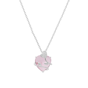 Collier en argent platin� cha�ne avec pendentif coeur oxyde rose et arabesque d\'argent 42+3cm - Vue 2