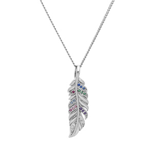 Collier en argent rhodi� cha�ne avec pendentif plume et oxydes multi couleurs 42+36cm - Vue 2