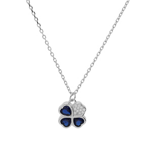 Collier en argent rhodi� cha�ne avec pendentif tr�fle d\'oxydes bleus et coeur 39+2+2cm - Vue 2