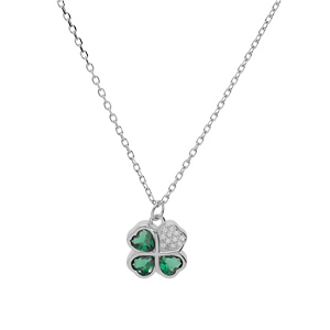 Collier en argent rhodi� cha�ne avec pendentif tr�fle d\'oxydes verts et coeur 39+2+2cm - Vue 2