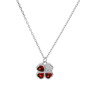 Collier en argent rhodi� cha�ne avec pendentif tr�fle d\'oxydes rouges et coeur 39+2+2cm - Vue 2