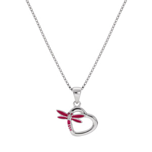 Collier en argent rhodi� cha�ne avec pendentif coeur et libellule couleur rose longueur 36+2cm - Vue 2