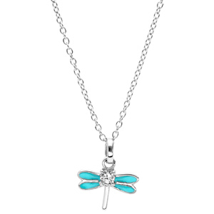 Collier en argent rhodi� cha�ne avec pendentif libellule couleur turquoise et oxydes blancs sertis 36+2cm - Vue 2