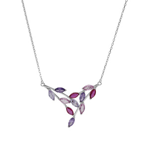 Collier en argent rhodi� motif feuillage empierr� avec oxydes violets, roses et fuschias longueur 40+5cm - Vue 2