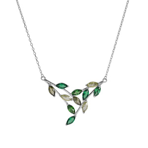 Collier en argent rhodi� motif feuillage empierr� avec oxydes verts clair et verts fonc� longueur 40+5cm - Vue 2