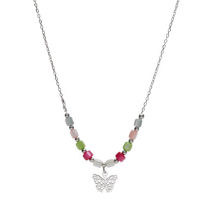 Collier argent rhodi� papillon et perles nacre v�ritable teint�e r�glable 40 � 45cm - Vue 2