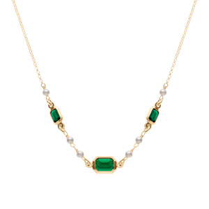 Collier argent dor� 3 oxydes verts rectangulaires et perles blanches r�glable 42 � 45cm - Vue 2